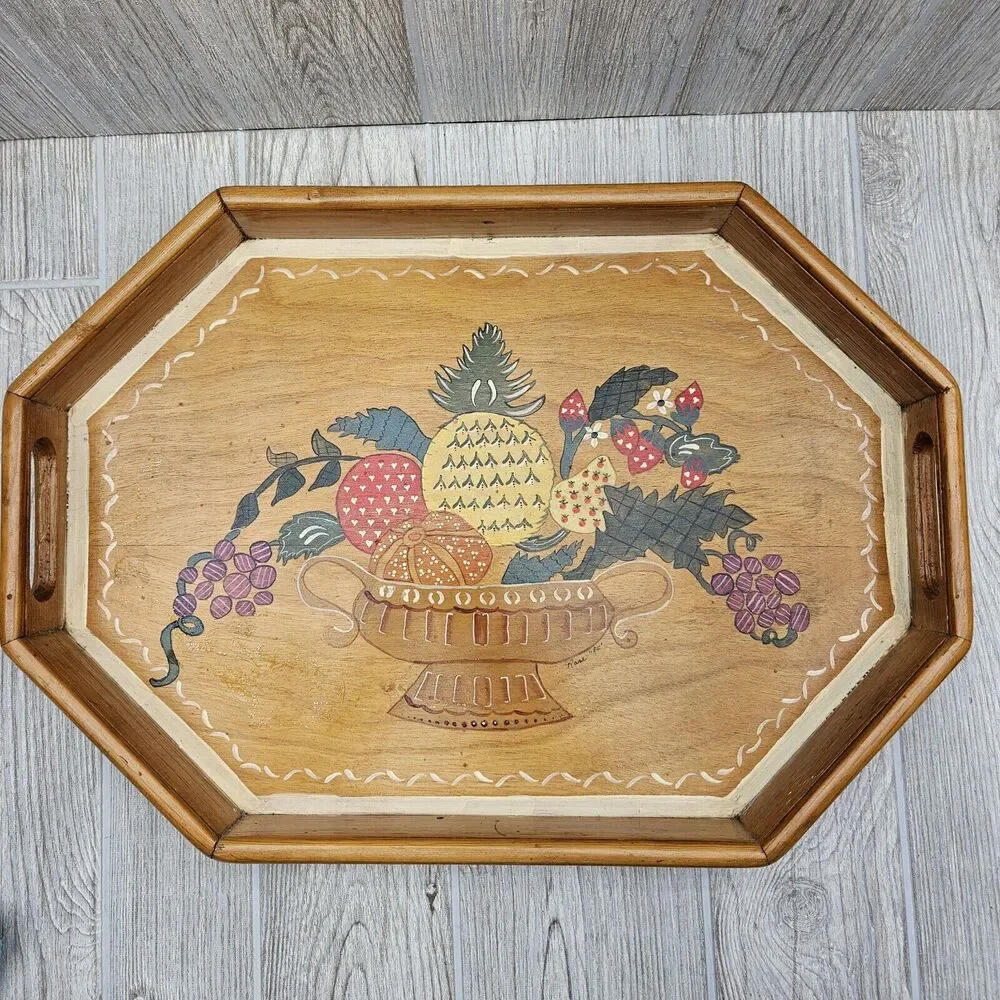 Vintage Hand Painted Wood Serving Tray With Wall Hanging‎ Hook Rose 1984